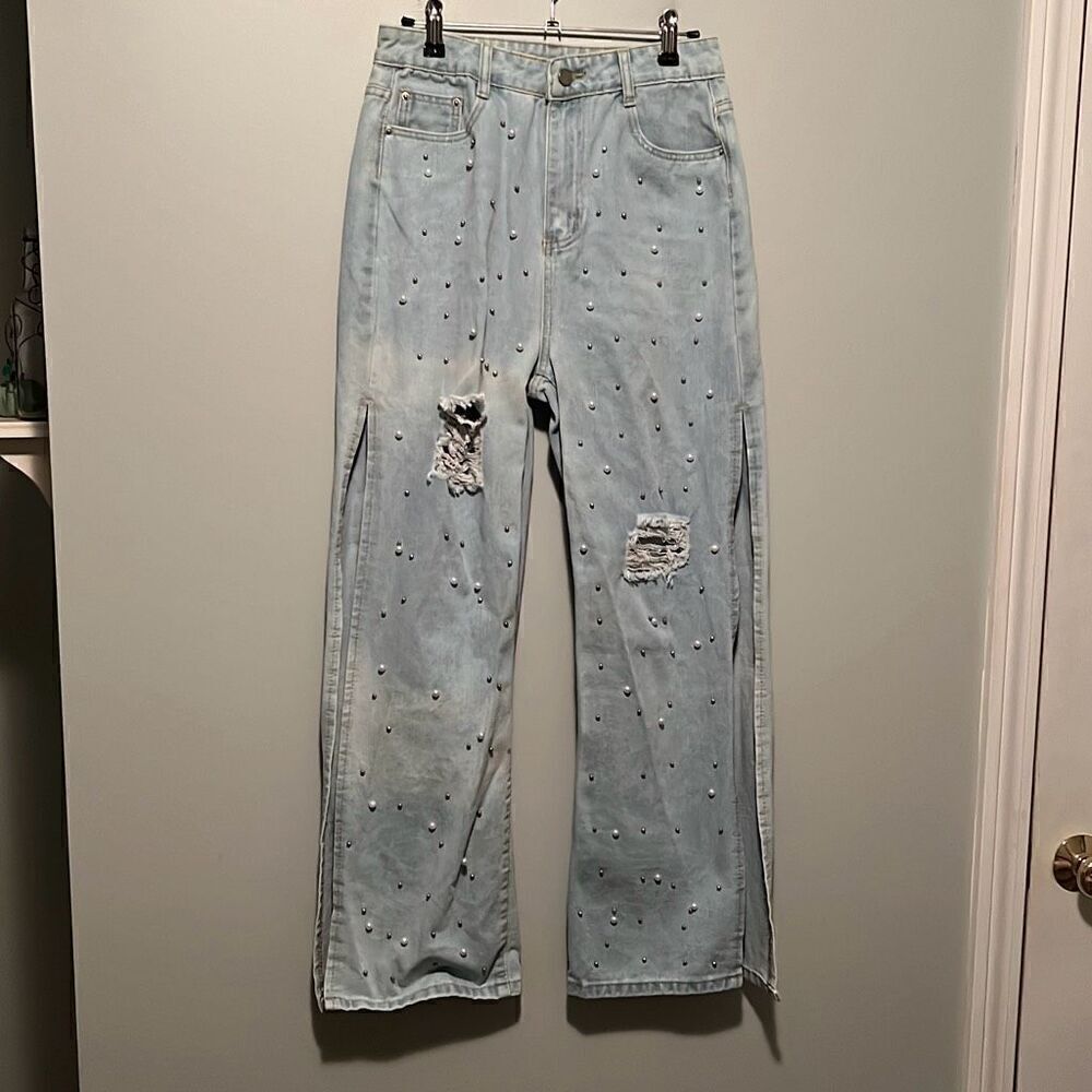 Women's Light Blue Ripped Embellished Side Slit Straight Wide Leg Jeans